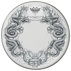 Remo 14" snare batter, Tattoo Skyn black 'Dragon' graphic on Suede film TT-0814-A